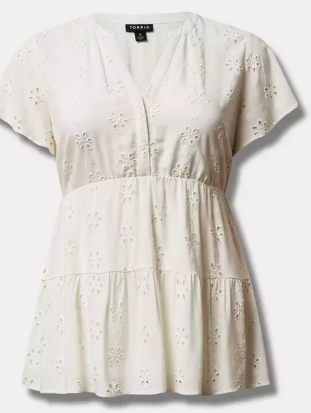 torrid Ivory Eyelet V-Neck Tiered Flutter Sleeve Tunic